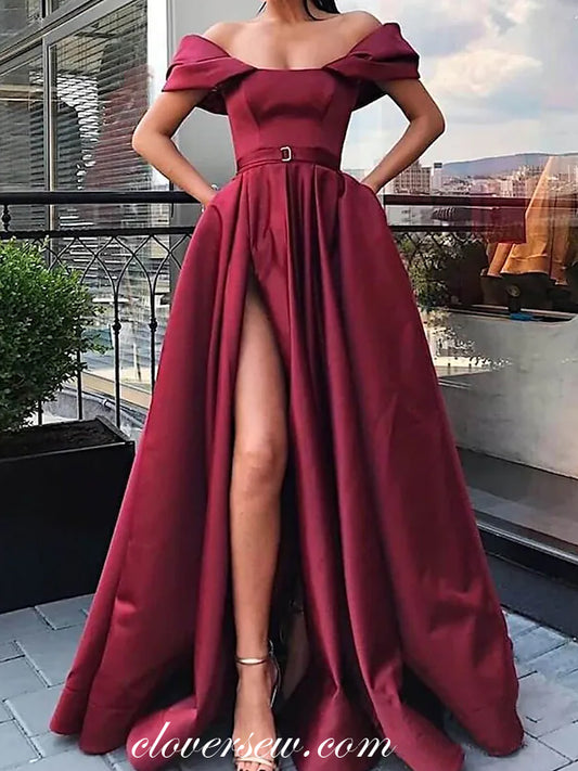 Maroon Satin Off The Shoulder Side Slit Wedding Guest Prom Dresses, CP0720