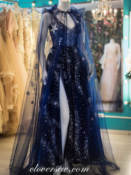 Navy Starry Night With Shawl High Site Prom Dresses, CP0691