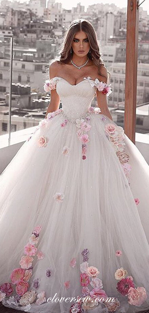 Off The Shoulder 3D Floral Applique Ball Gown Wedding Dresses CW0158 clover sew