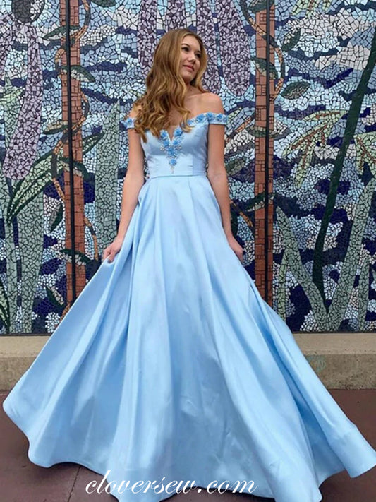 Off The Shoulder Blue Satin Applique A-line Prom Dresses, CP0548