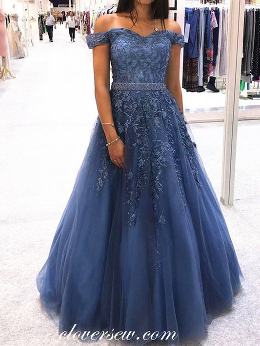 Off The Shoulder Lace Applique A-line Fashion Prom Dresses, CP0588