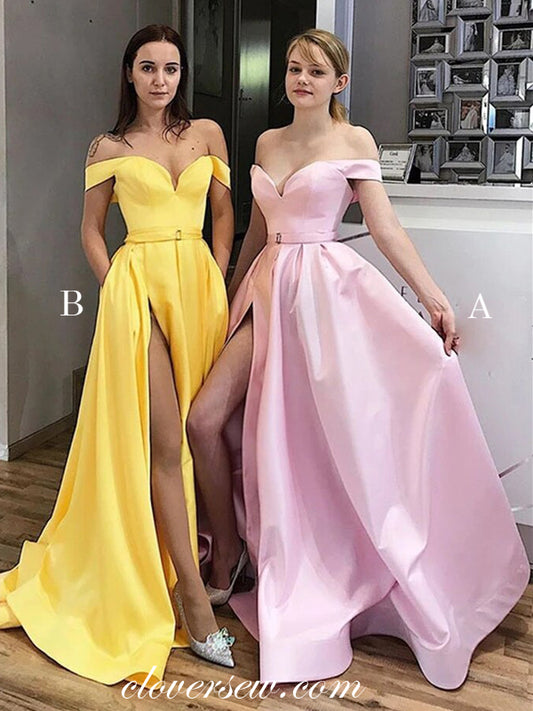 Off The Shoulder Satin High Slit A-line Prom Dresses, CP0596