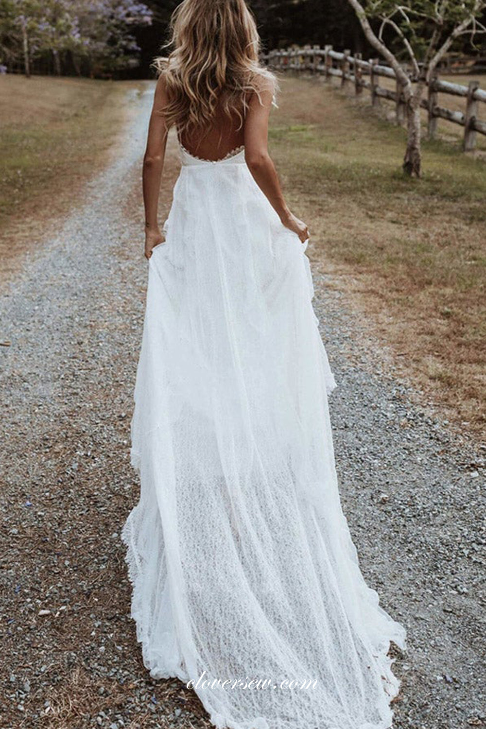 Off White Bohemian Lace Backless Deep V-neck With High Slit Wedding Dr ...