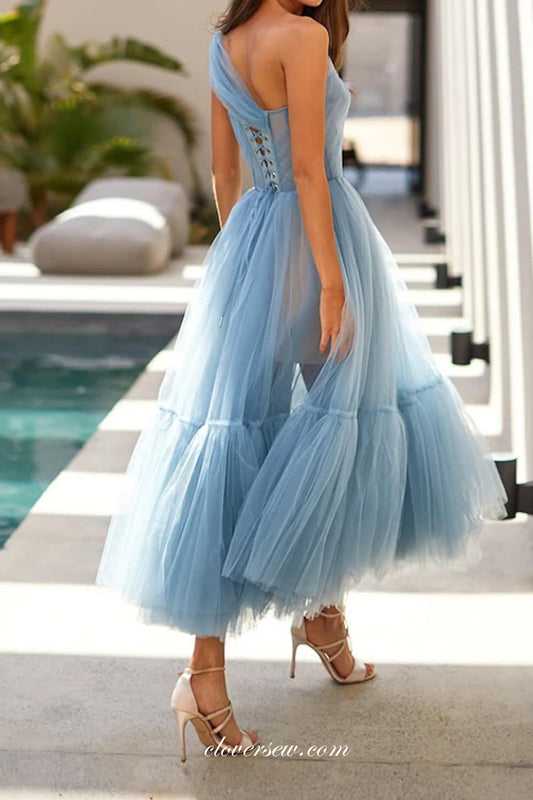 One Shoulder Blue Tulle Lace Up Back A-line Tea Length Prom Dresses, CP0791