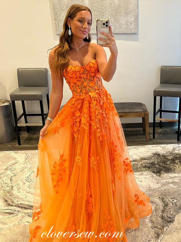 Orange Applique Tulle Strapless A-line Prom Dresses, CP0837