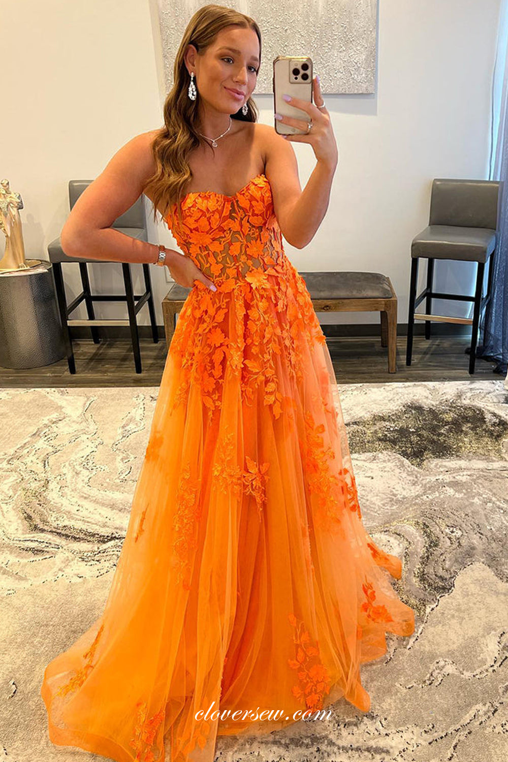 Orange Applique Tulle Strapless A-line Prom Dresses, CP0837