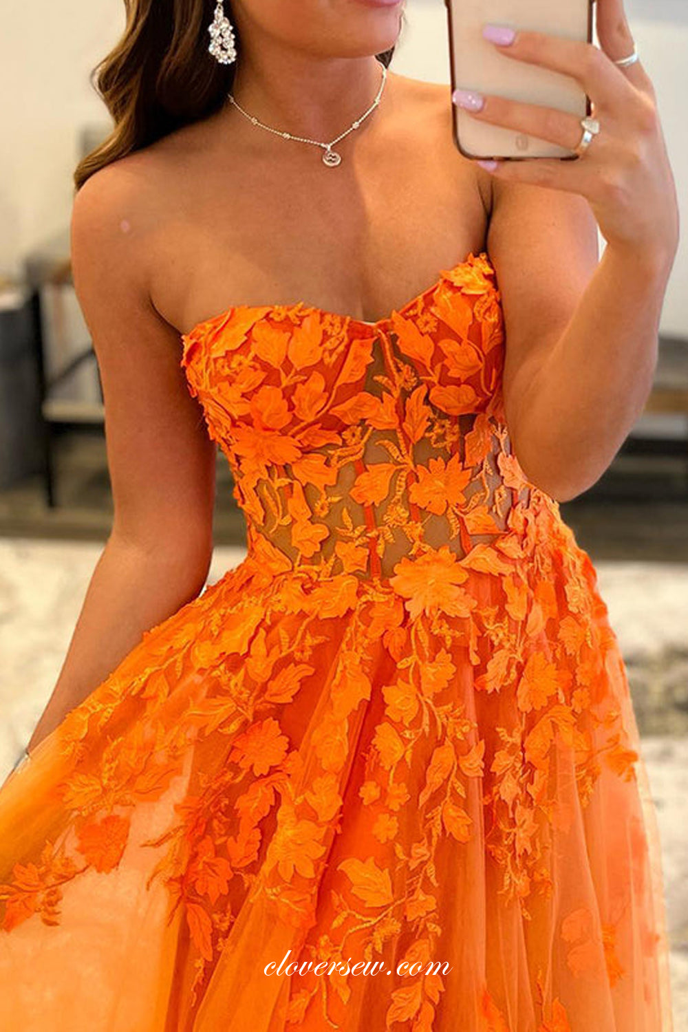 Orange Applique Tulle Strapless A-line Prom Dresses, CP0837