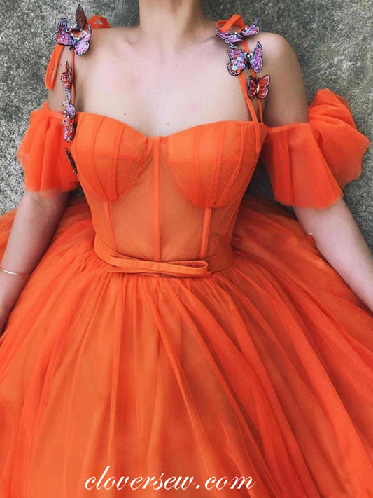 Orange Tulle Off The Shoulder Butterfly Applique Fashion Prom Dresses , CP0498