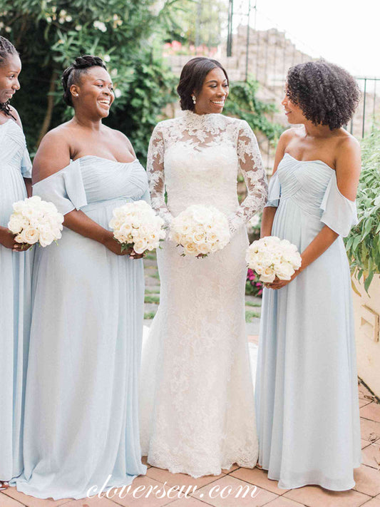 Pale Blue Chiffon Off The Shoulder A-line Bridesmaid Dresses, CB0184