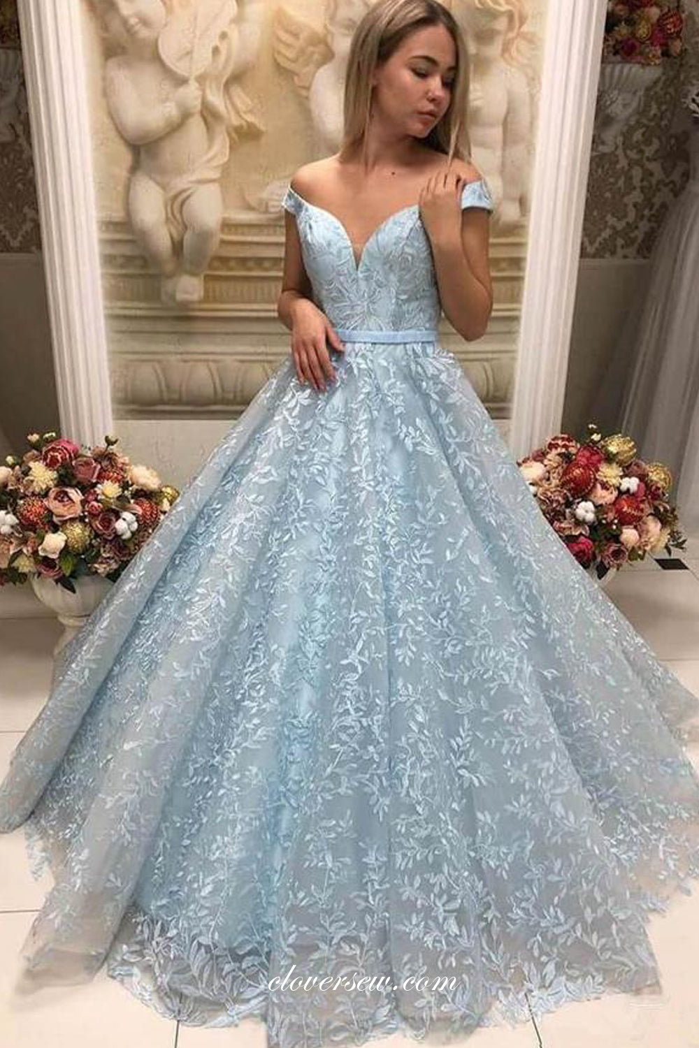 Pale Blue Lace Off The Shoulder A line Prom Dresses For Teens