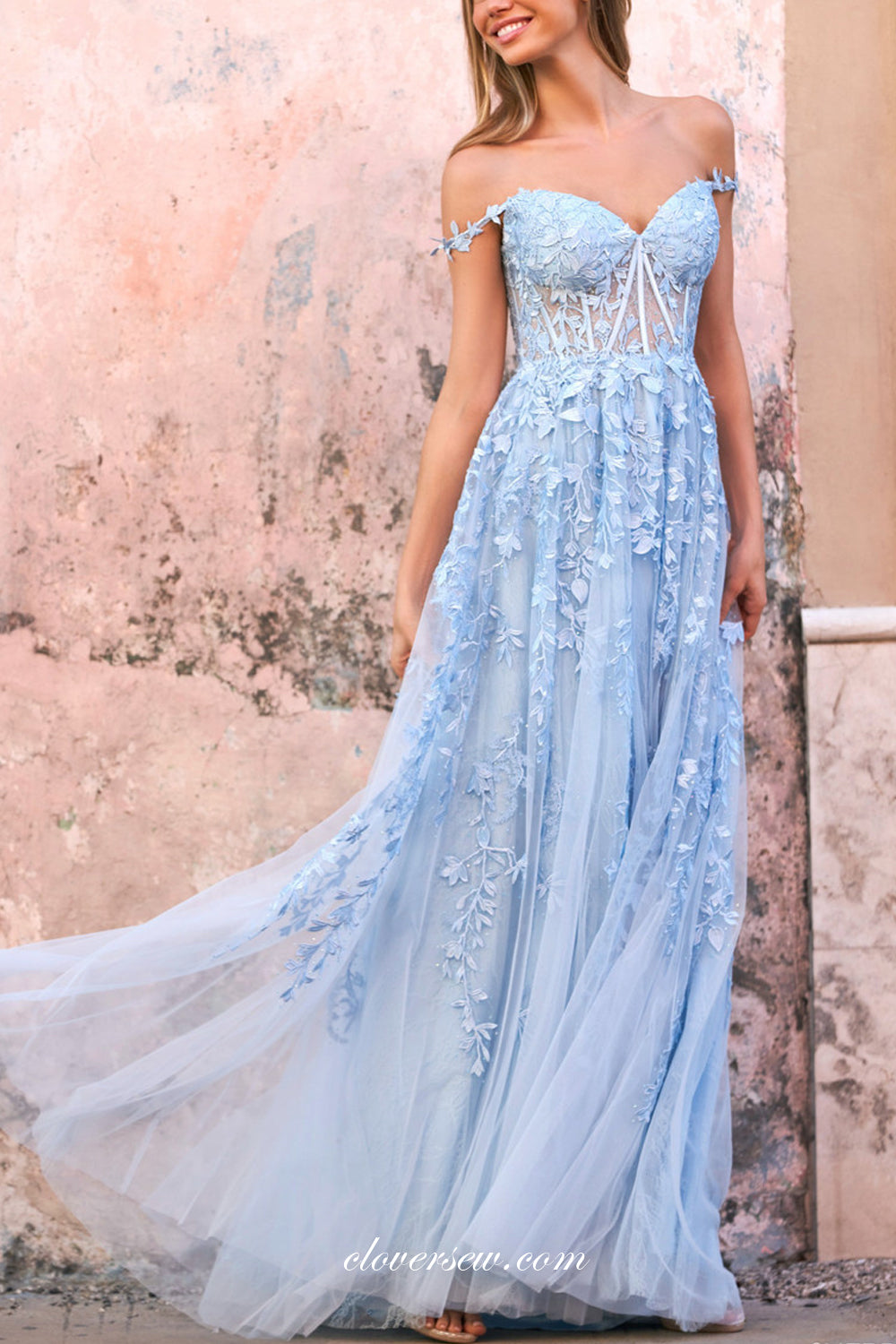 Pale Blue Off The Shoulder Lace Applique Prom Dresses, CP0809