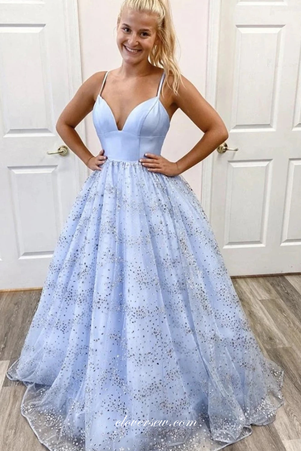 Pale Blue Satin Sequined Tulle Charming From Dresses For Teens, CP0754