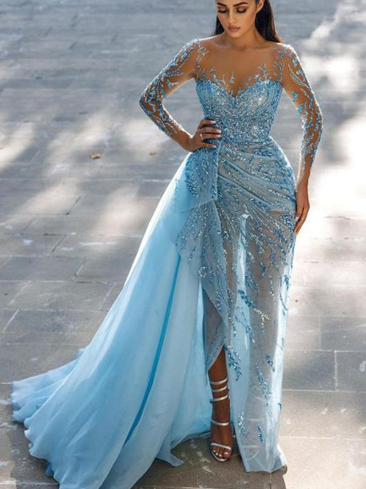 Pale Blue Sequined Tulle See Through Long Sleeves Sheath With Train Formal Dresses, CP0897