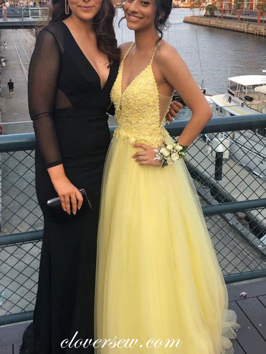 Pastel Yellow Lace Bead Tulle V-neck A-line Prom Dresses For Teens, CP0577