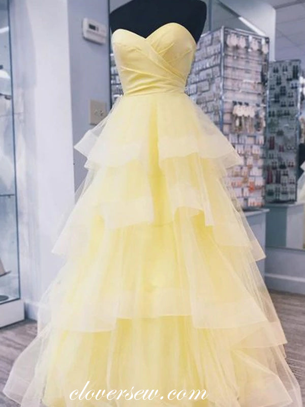 Pastel Yellow Sweetheart Strapless Tiered A-line Prom Dresses, CP0571