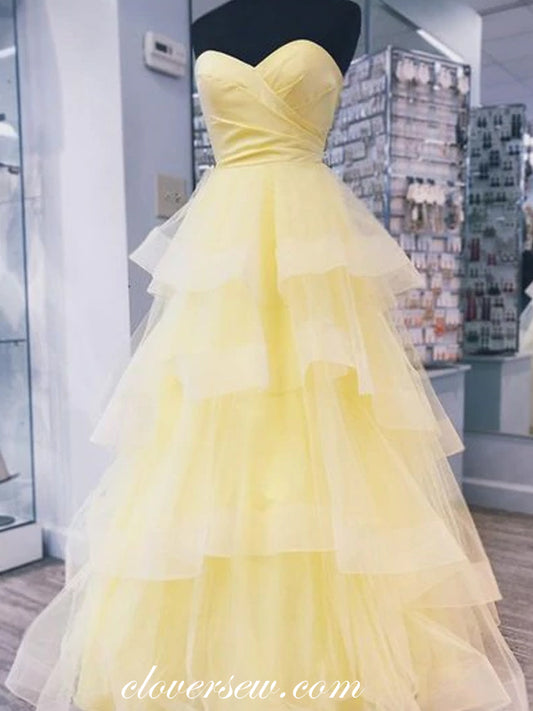 Pastel Yellow Sweetheart Strapless Tiered A-line Prom Dresses, CP0571