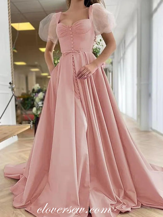 Peach Pink Satin Short Sleeves Elegant Prom Dresses, CP0735