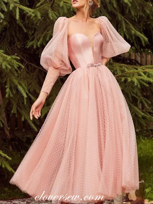 Pink Fashion Tulle Long Sleeves Ankle Length Party Dresses, CP0709