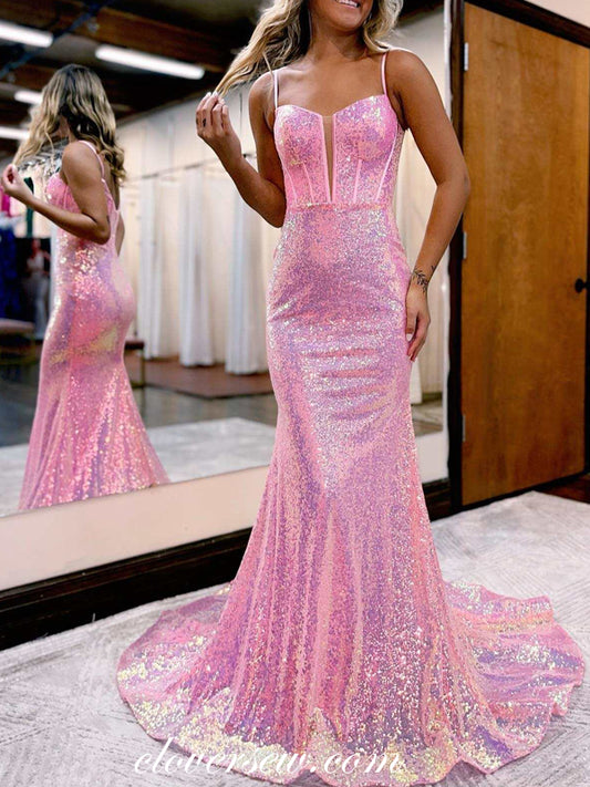 Pink Sequin Fashion Mermaid Sleeveless Shiny Prom Dresses, CP0898