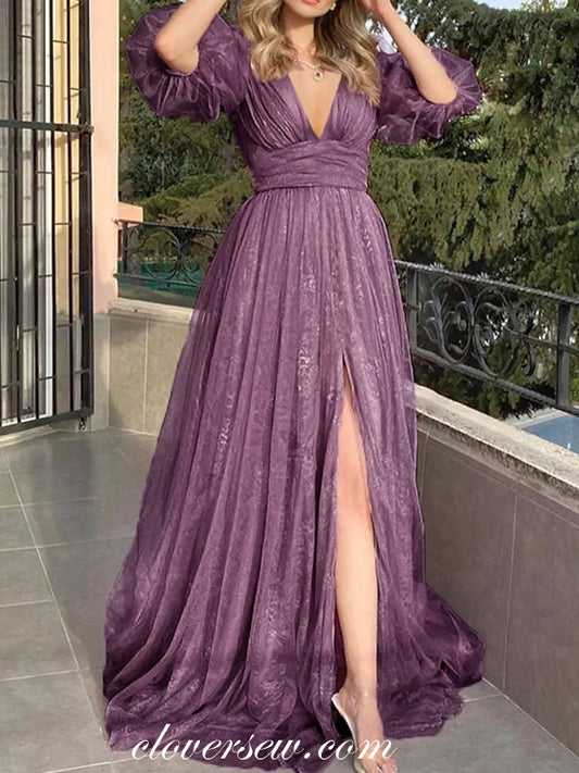 Purple Lace Half Puffy Half Sleeves V-neck High Waist Formal Dresses, CP0779