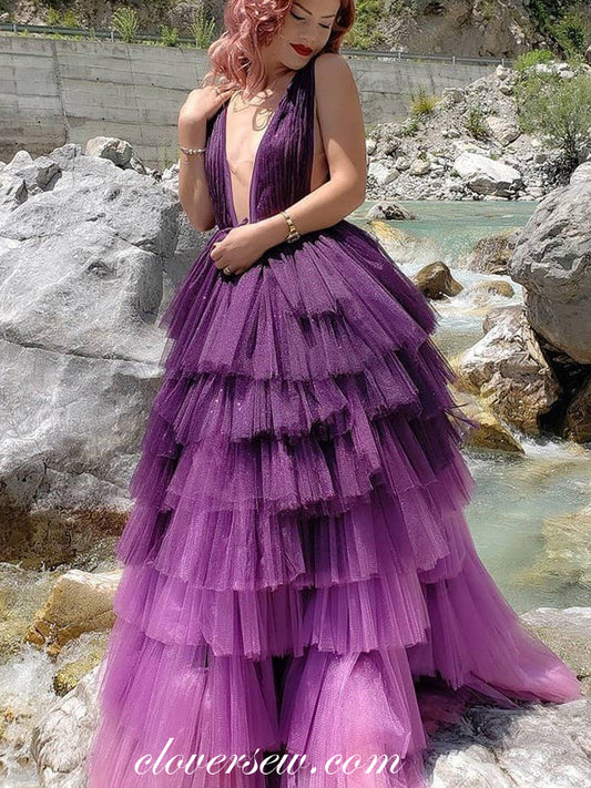 Purple Tulle Tiered A-line Deep V-neck Backless Prom Dresses, CP0747