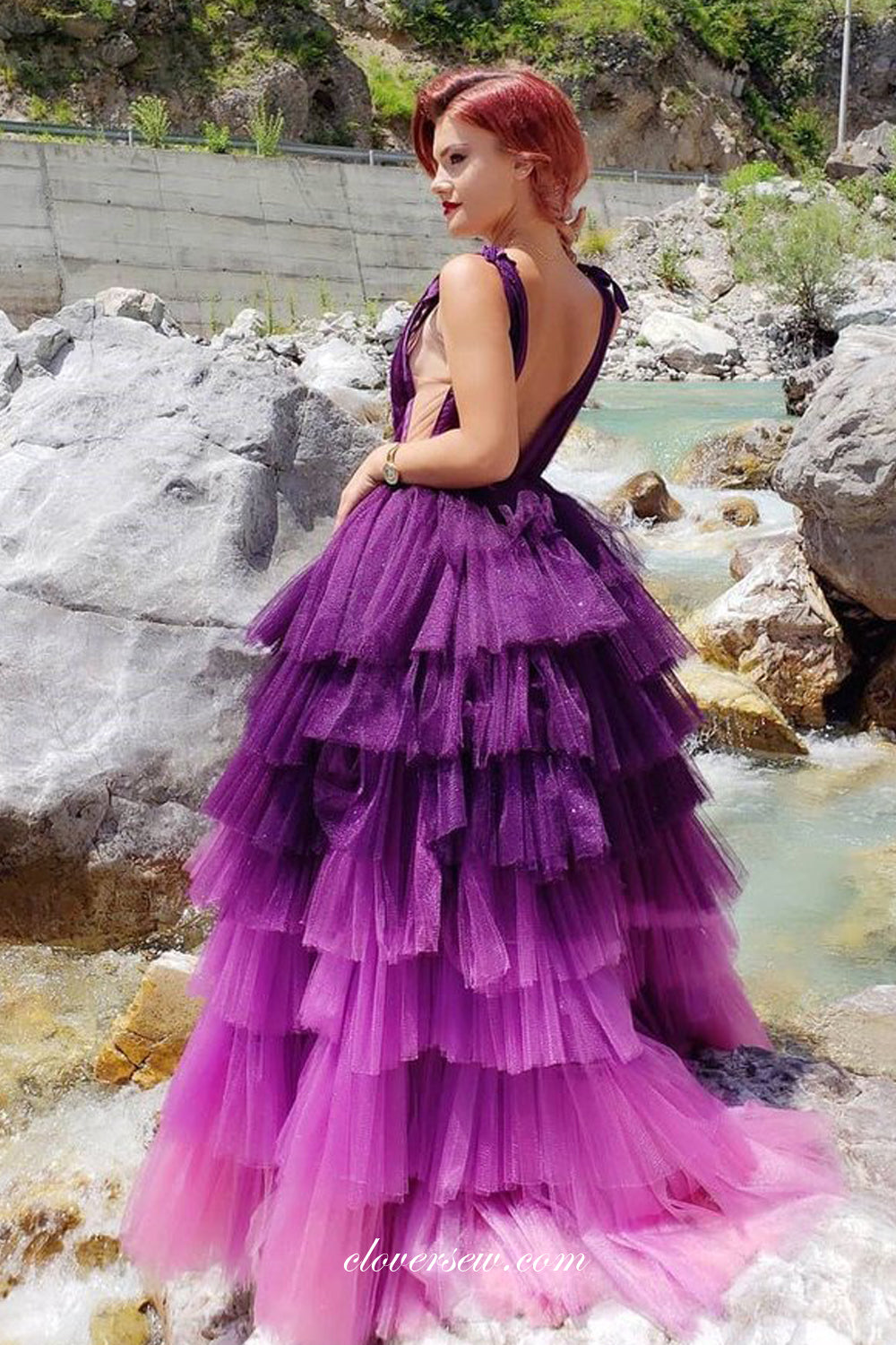 V Neck Backless Purple Tulle Prom Dresses with Belt, Backless