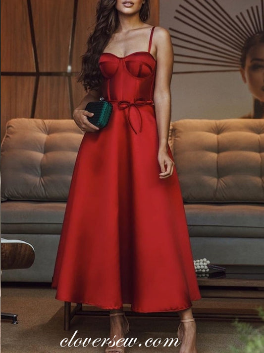 Red Satin Sweetheart A-line Ankle Length Popular Prom Dresses, CP0696