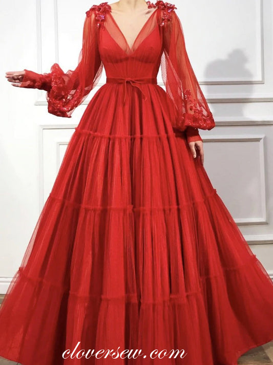 Red Tulle 3D Applique Lantern Sleeves A-line Prom Dresses, CP0499