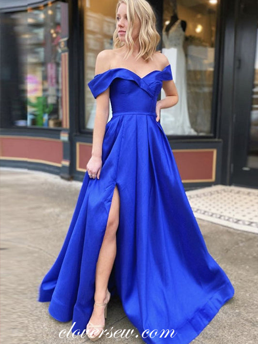 Royal Blue Off the Shoulder Side Slit A-line Prom Dresses, CP0595