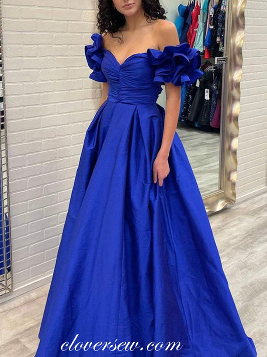 Royal Blue Satin Off The Shoulder A-line Simple Prom Dresses, CP0892