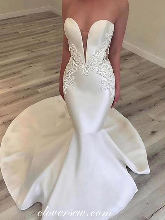 Satin Applique Sweetheart Strapless Mermaid Wedding Dresses,CW0124