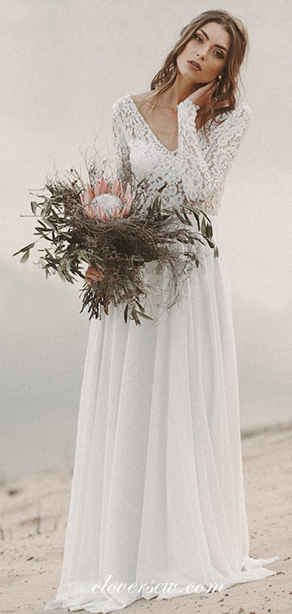 See Through Lace Top Chiffon Beach Wedding Dresses, CW0172