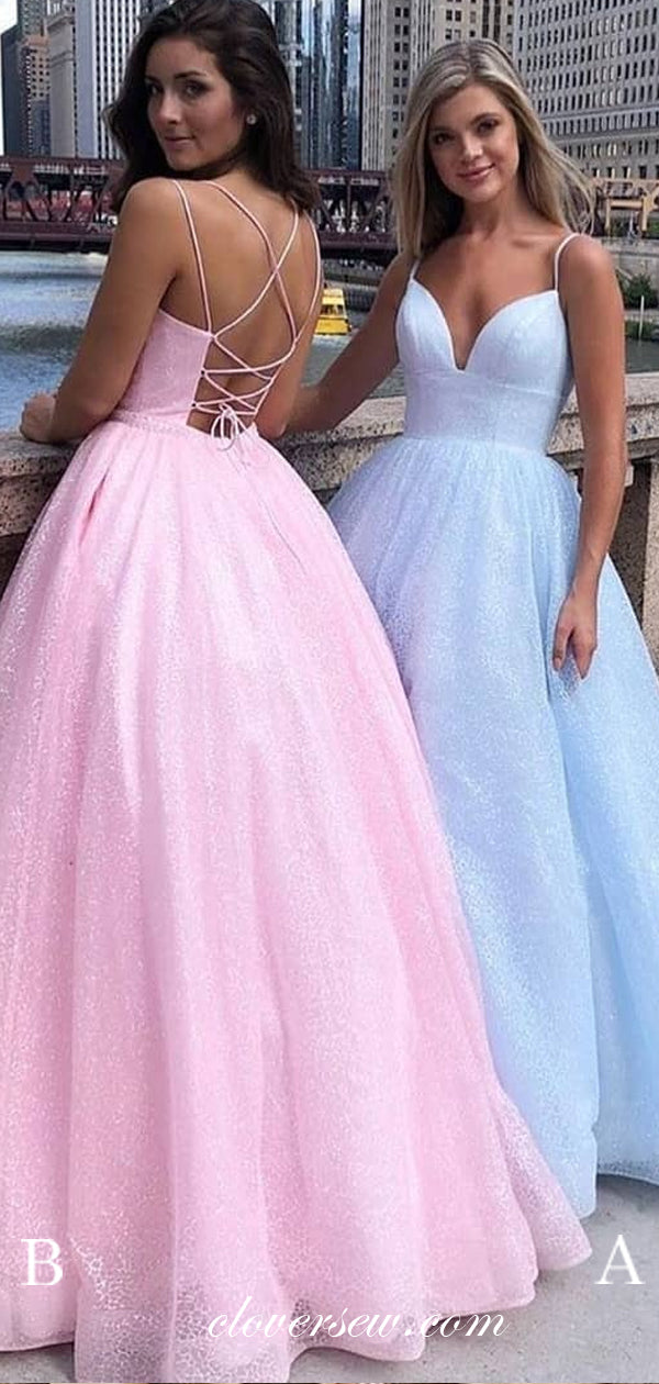 Shiny Sequin Tulle Spaghetti Strap Lace Up Back Prom Dresses,CP0274