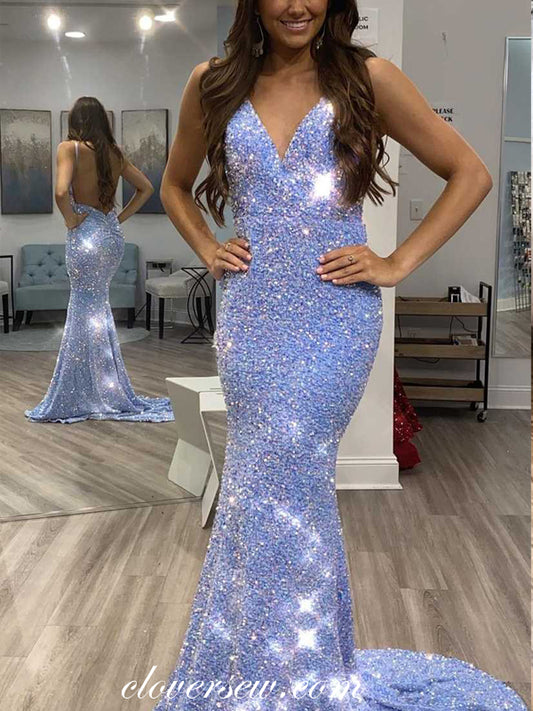 Sky Blue Sequined Backless Mermaid Shiny Prom Dresses, CP0819