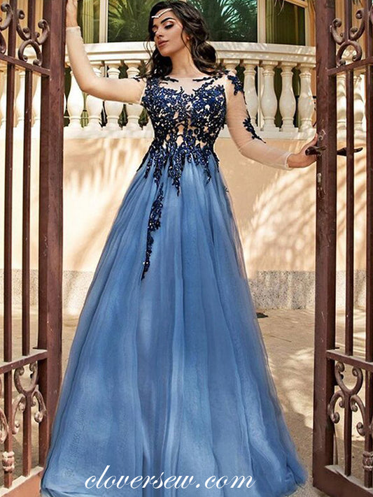 Sky Blue Tulle Beaded Applique Long Sleeves A-line Prom Dresses, CP0493