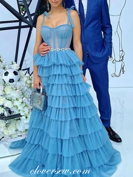 Sky Blue Tulle Sleeveless Tiered A-line Prom Dresses, CP0726