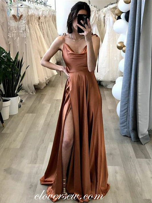 Spaghetti Strap Fashion Elastic Satin Side Slit Prom Dresses, CP0853