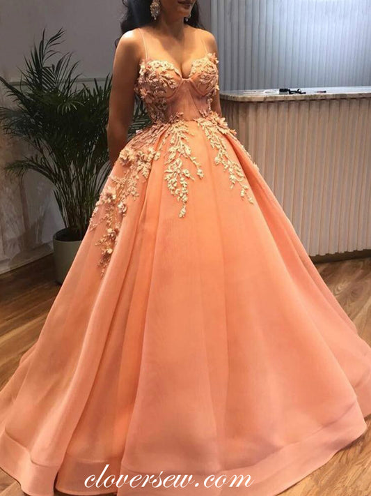 Stunning 3D Applique Peach Sweetheart Spaghetti Strap Ball Gown Prom Dresses, CP0553