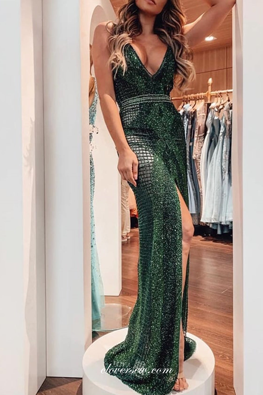 Stunning Teal Bead Sequin Sheath Fashion Formal Dresses, CP0675