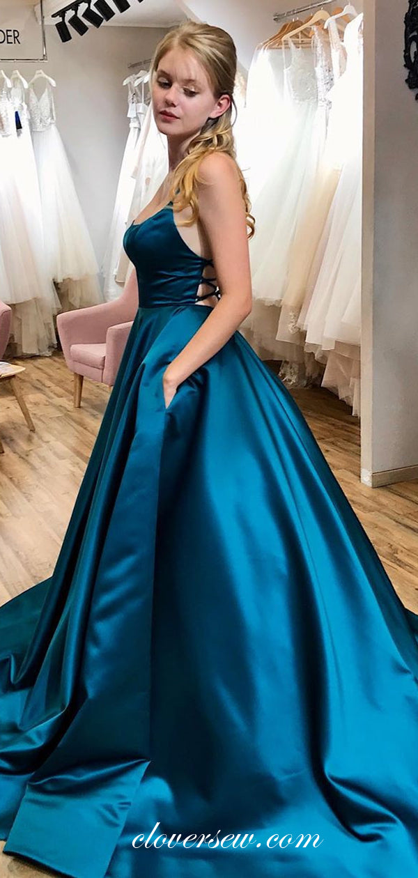 Teal Satin Spaghetti Strap Lace Up Back A-line Prom Dresses,CP0256