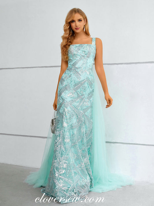 Tiffany Blue Lace Detachable Tulle Train Square Neck Sleeveless Prom Dresses, CP0915