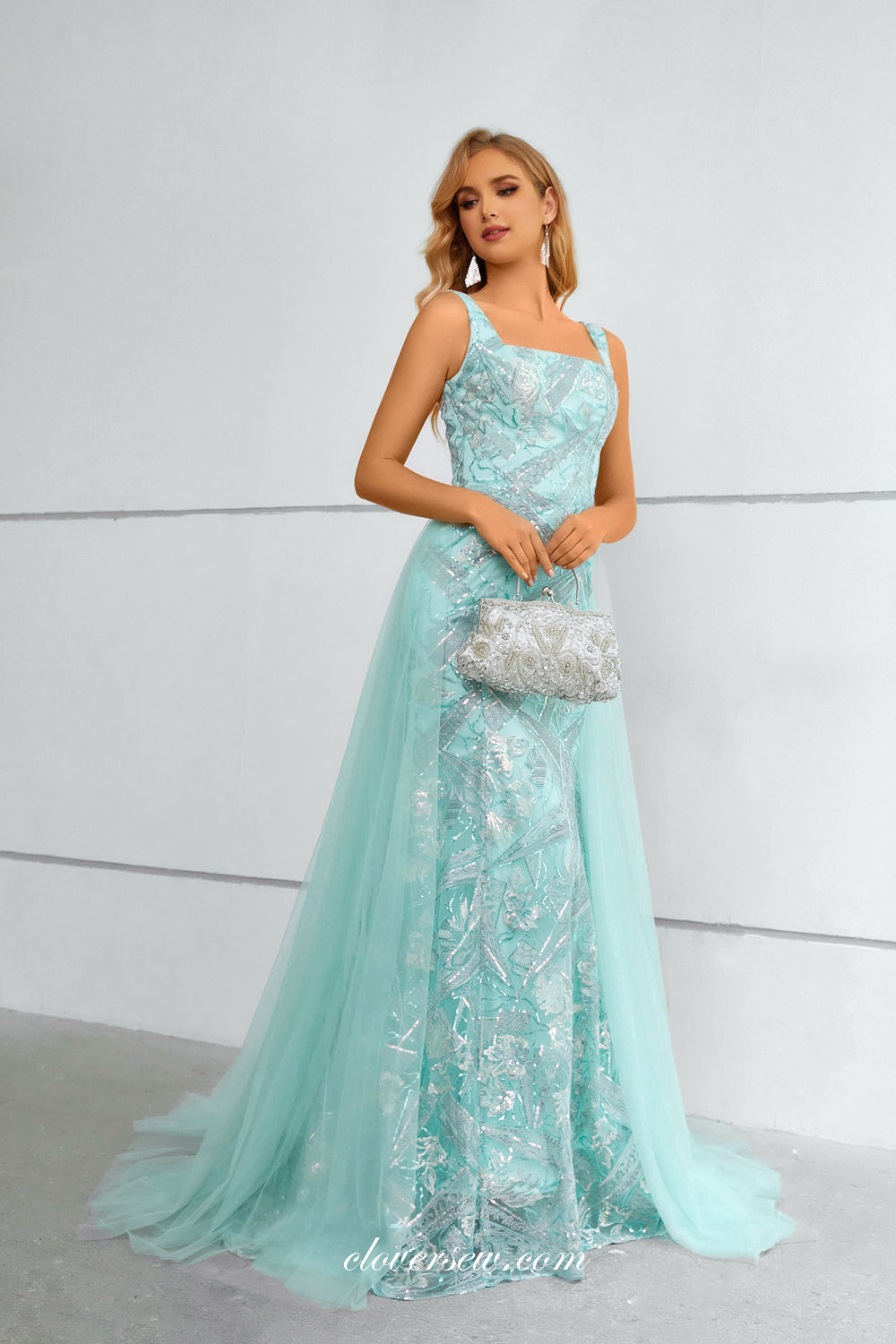 Blue Tulle Prom Dresses with Detachable Sleeves