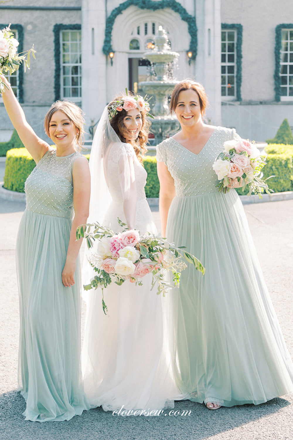 Tiffany Blue Tulle Mismatched A line Elegant Long Bridesmaid