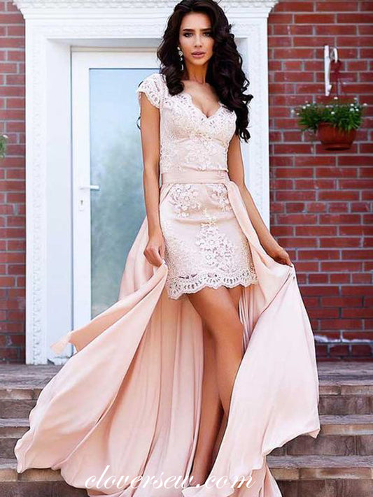 Two Piece Pink Lace Detachable Sheath Prom Dresses, CP0514