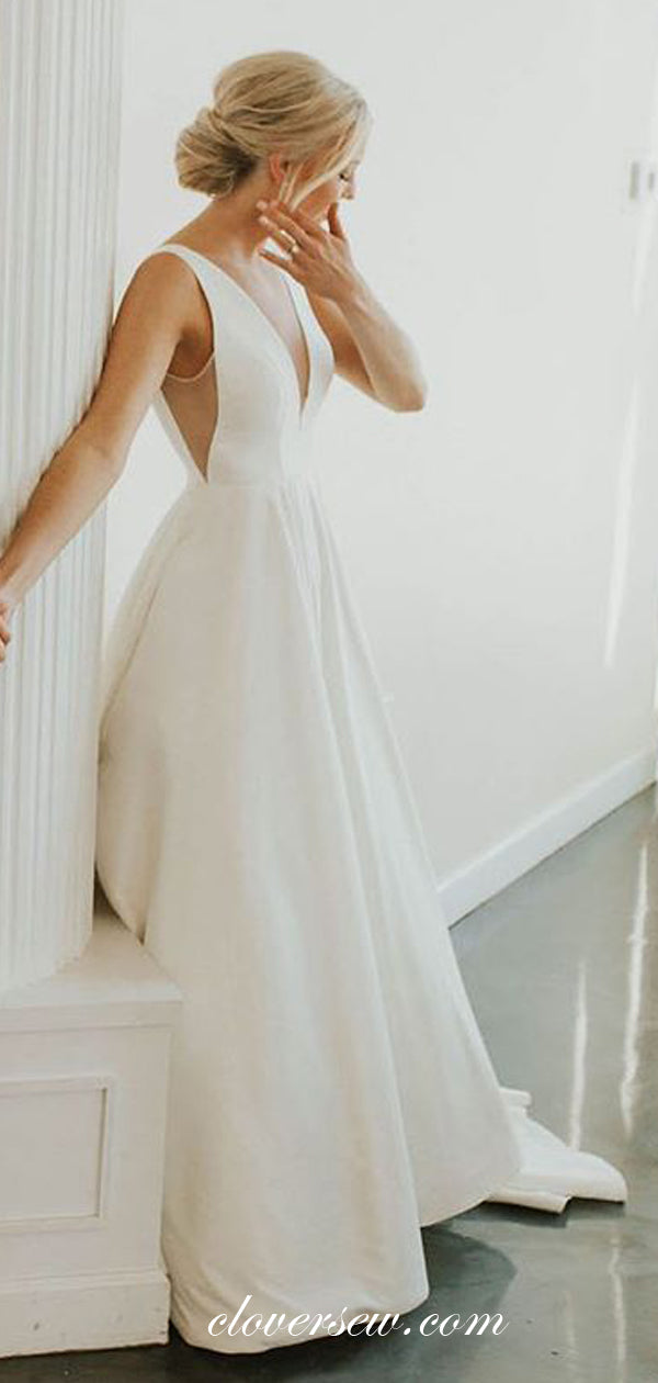 V-neck Sleeveless A-line Ivory Satin Simple Elegant Wedding Dresses,CW –  clover sew