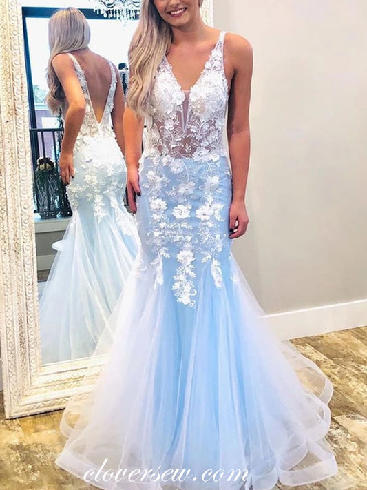 White Applique Pale Blue See Through Sheath Prom Dresses, CP0525