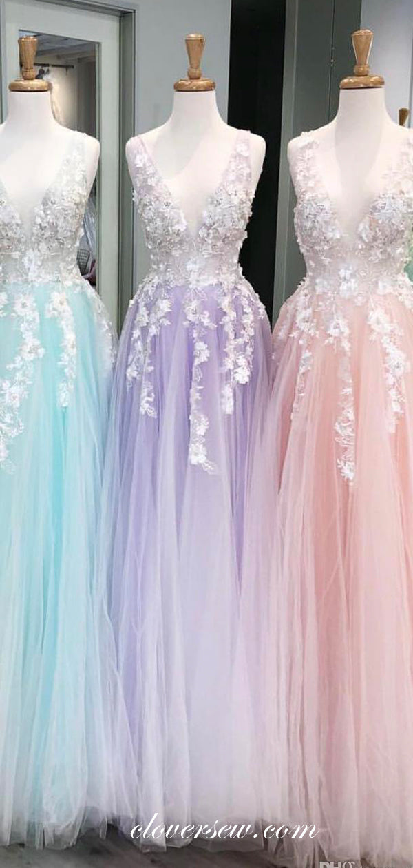 White Applique Tulle Purple V-neck Sleeveless A-line Prom Dresses, CP0541
