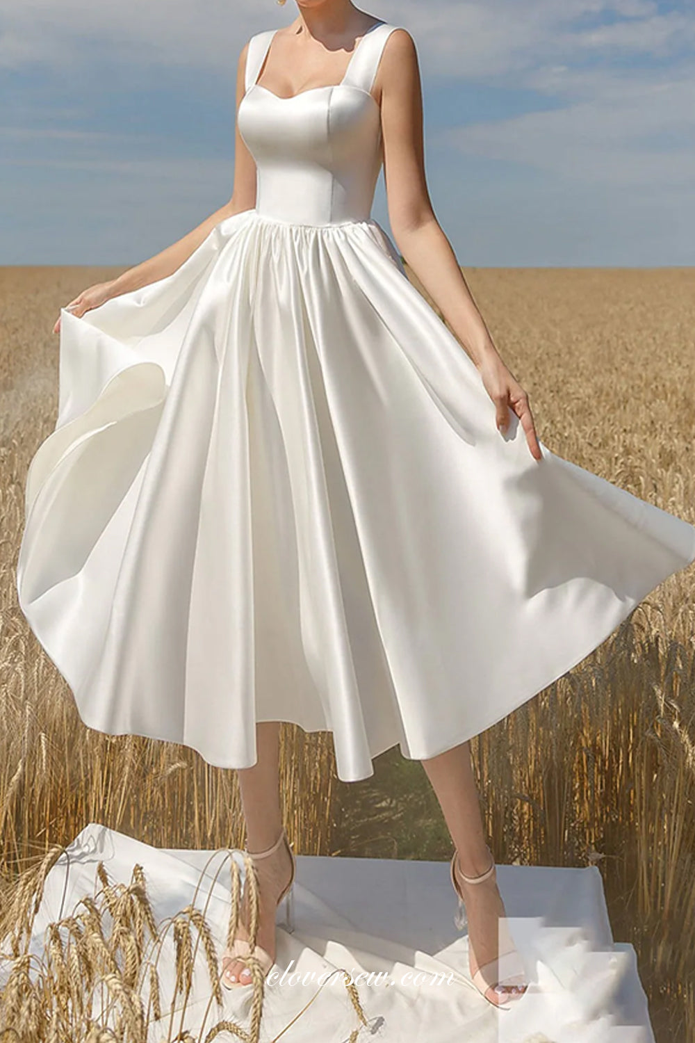 White satin knee length dress sale