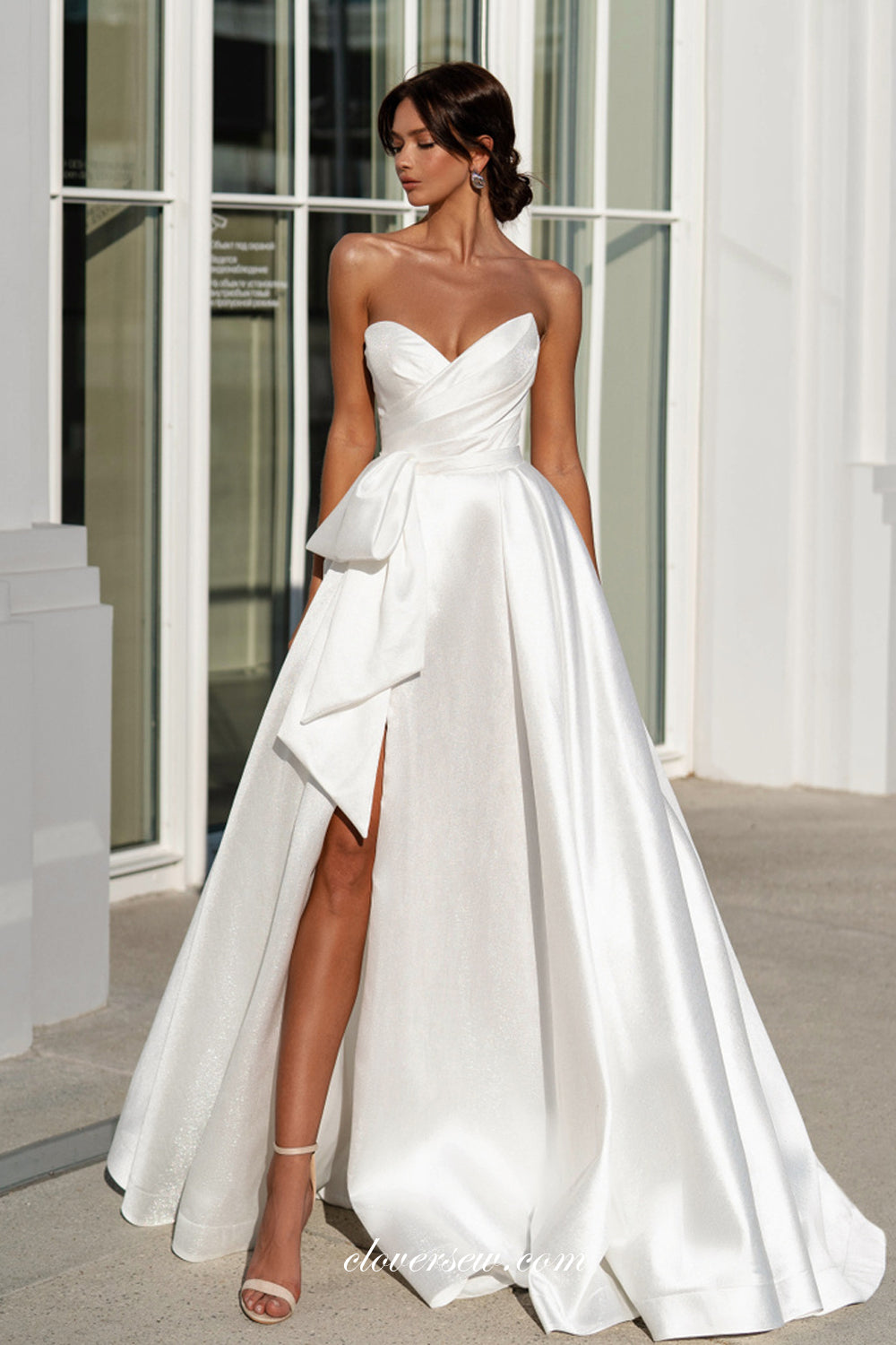 Minimalist A-line Deep V-Neck Wedding Dresses Satin Bridal Dress