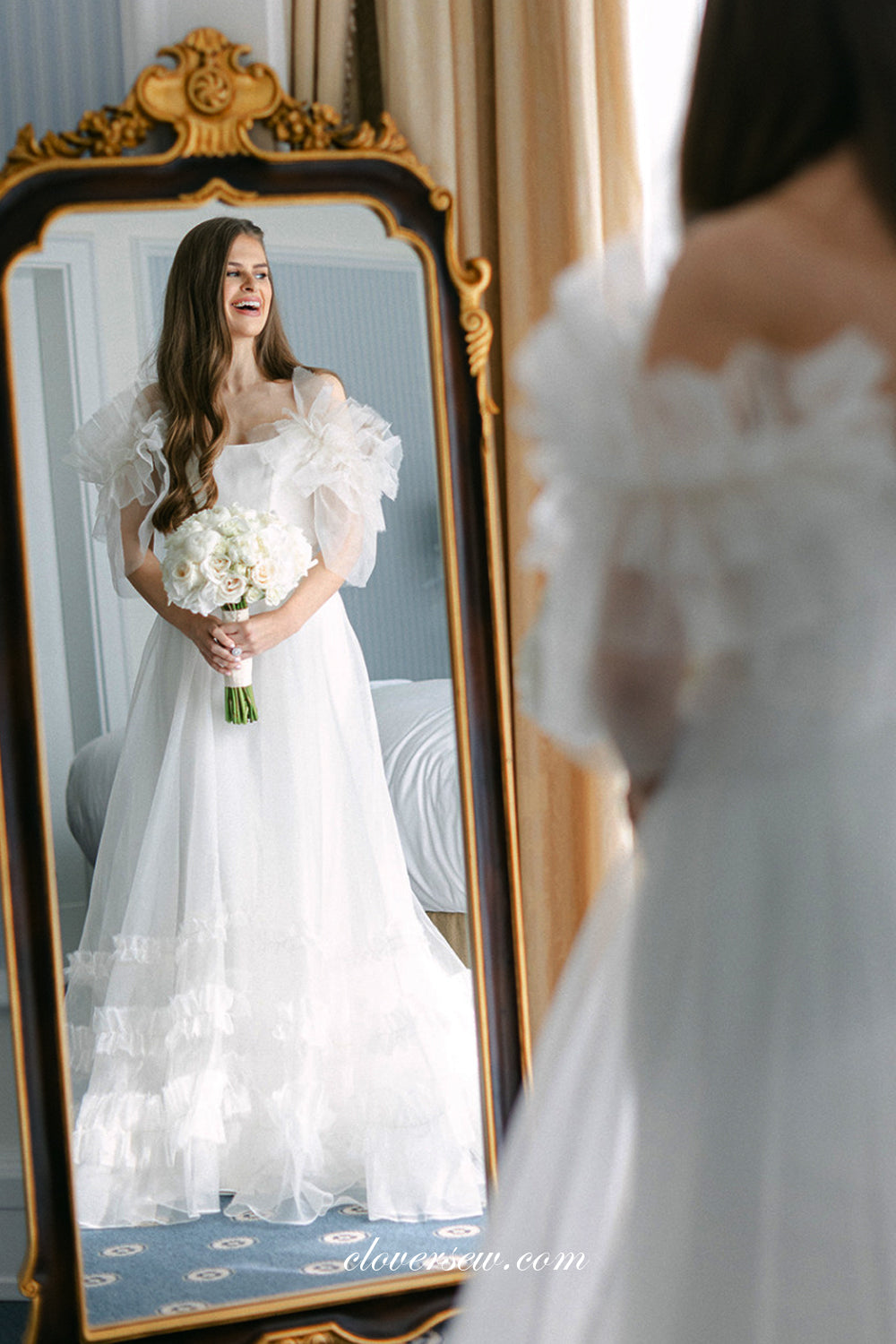 White Tulle Off The Shoulder Ruffles A-line Wedding Dresses, CW0318